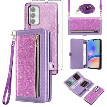 Imagem de Asuwish Capa de celular para Samsung Galaxy A05s/A05 carteira com zíper destacável com protetor de tela de vidro temperado, alça transversal com glitter, suporte para cartão Ao5s Ao5 A 05s 05 feminino