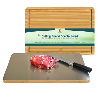 Imagem de guiogc Tábua de corte 2 em 1, dupla face, tamanho 39 x 28 cm, tábua de corte de bambu e tábua de corte de aço inoxidável 304 de grau alimentício para cozinha, fácil de limpar (estilo 4)
