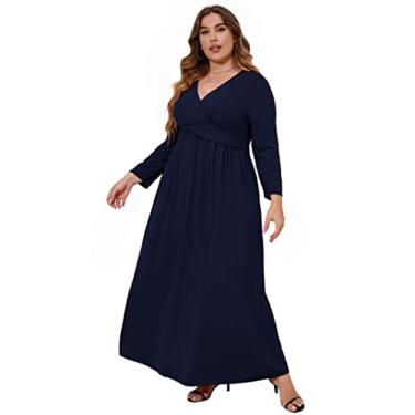 Imagem de KOJOOIN Vestido plus size Boho feminino plus size vestidos casuais com gola V vestido maxi com cinto rodado vestidos longos boho, Azul, GG