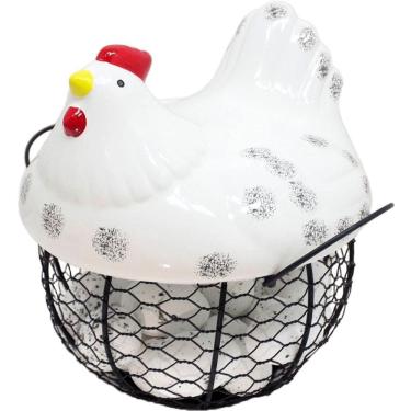Imagem de Cesto Galinha Porta Ovos Decorativo Cerâmica 12 Ovos Branco