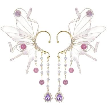 Imagem de FRESHME Punhos de orelha de elfo de fada - algemas de elfos com asas de borboleta com contas de vidro, borla, orelhas de sereia não perfuradas para mulheres, Sem pedra preciosa