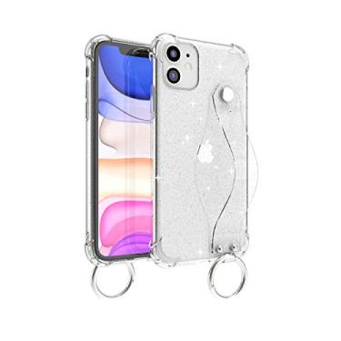 Imagem de Wuwedo Capa transparente com glitter para iPhone 11 com alça de mão, capa brilhante de borracha de gel de silicone macio com suporte de alça de pulso ajustável para meninas e mulheres