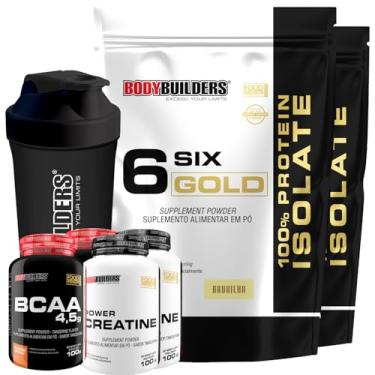 Imagem de Kit 2x 6 Six Gold 100% Protein Isolate 2kg + 2x Creatina 100g + 2x BCAA 100g + Coqueteleira - Bodybuilders (Médio, Baunilha)