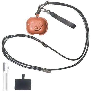 Imagem de ChouXiLin Capa compatível com Samsung Galaxy Buds 3/3 Pro, linda capa protetora de couro marrom claro com alça ajustável no pescoço, trava de pressão segura e design à prova de choque para mulheres e