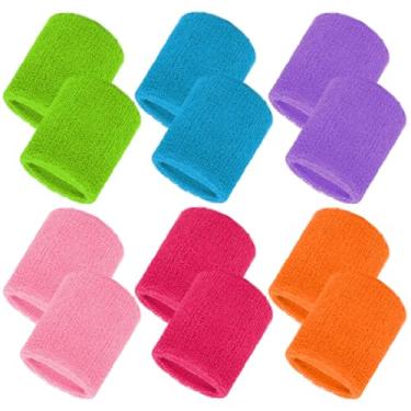Imagem de Fumwase 6 pares de pulseiras esportivas coloridas de algodão para competições basquete, futebol, corrida, tênis, golfe (rosa, verde, azul, laranja, rosa, roxo)