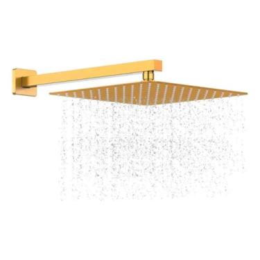 Imagem de Chuveiro Dourado 30x30 cm Quadrado com Braço de 38 cm, Ducha Articulada, Aço Inoxidável 201, Bico de Silicone, Compatível com Aquecedor Solar ou a Gás, Pressão Mínima 6 m.c.a, Ajuste de Inclinação