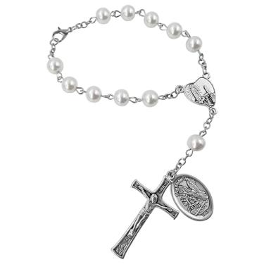 Imagem de TALISMAN4U Rosário com medalha de anjo da guarda de São Miguel para espelho retrovisor de carro, contas de vidro, Nossa Senhora de Fátima, católica, uma década, rosário automático para mulheres