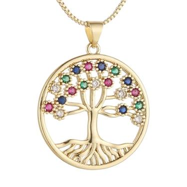 Imagem de HZMAN Colar feminino de árvore da vida, banhado a ouro 14K, pingente de zircônia cúbica, gargantilha em camadas, presente de festa de aniversário, Latão, Zircônia cúbica