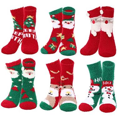Imagem de Haysandy Pacote com 6 pares de meias felpudas de Natal – Chinelos fofos de Natal para mulheres, homens, crianças – Meias quentes de inverno, elásticas, divertidas e coloridas, Cores natalinas, 9-11