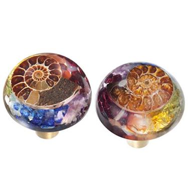 Imagem de Rockcloud Pacote com 2 maçanetas de gaveta de cristal de resina fóssil de amonita coloridas, puxadores de gaveta de armário com parafusos, decoração de casa