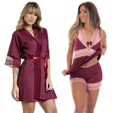 Imagem de Kit Short Doll Bicolor e Robe Renda Feminino Pijama Luxo Linha Noite -