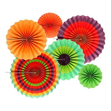 Imagem de AKOAK Conjunto de 6 ventiladores de papel coloridos para decorações de festivais, pendurar ou colar, ventiladores dobráveis de disco de roda redonda para artigos de festa e decoração de casa