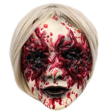 Imagem de vickkt Halloween Scary Demon Mask,horror Creepy Bloody Blood Sucking Worm for Eye White Wig Woman Mask