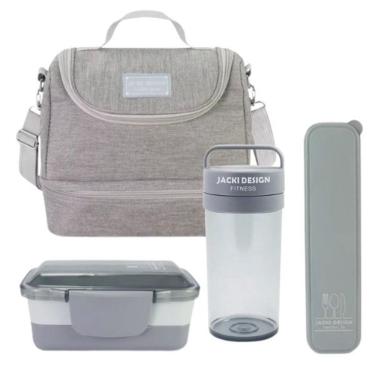 Imagem de Kit Bolsa Térmica Pote Marmita 950ml Garrafa 550ml E Porta Talheres Joy Cinza