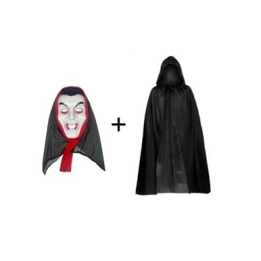 Imagem de Kit Mascara de Vampiro Dracula C/ Capuz + Capa Preta C/ Capuz Fantasia
