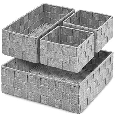 Imagem de Posprica Cestos organizadores de gavetas, caixa de armazenamento de alça tecida, divisória de recipientes para organizar gavetas, prateleiras, armários, cômodas e bancadas, conjunto de 4, cinza claro