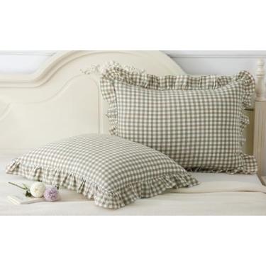 Imagem de Conjunto de 2 fronhas de travesseiro com babados verde sálvia, tamanho padrão, fronhas de algodão lavado, 51 x 66 cm