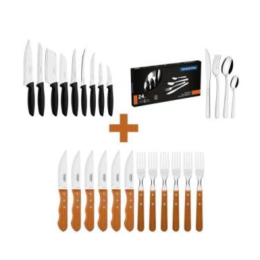 Imagem de Kit - Jogo De Churrasco Inox 12 Peças + 1 Conjunto Facas 9pç + 1 Faque