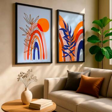 Imagem de Kit 2 Quadros Decorativos Abstrato Geométrico Colorido Moderno Arco Íris Plantas Parede Sala Com Moldura
