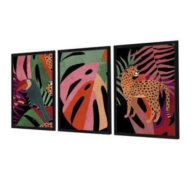 Imagem de Kit 3 Quadros Decorativos Colorido Abstrato Folhagem Onça - Hugart Dec