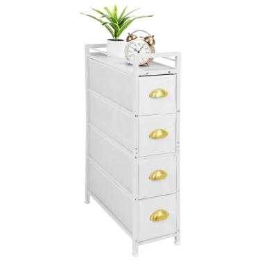 Imagem de HAITRAL Cômoda estreita – Armário de armazenamento de tecido com 4 gavetas – Baú vertical vertical – Organizador de torre com gavetas removíveis e tampo de madeira para lavanderia, sala de estar,