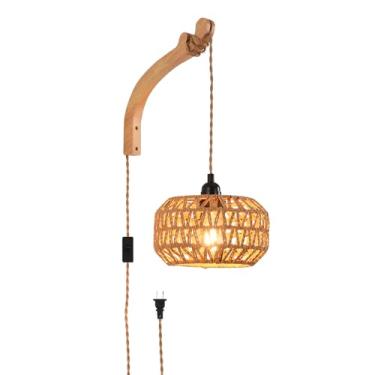 Imagem de CAFULAM Arandelas de parede conectadas, plugue de lâmpada de parede de vime para casa de fazenda, luz de parede de vime tecida à mão, iluminação de parede rústica boho para sala de estar quarto
