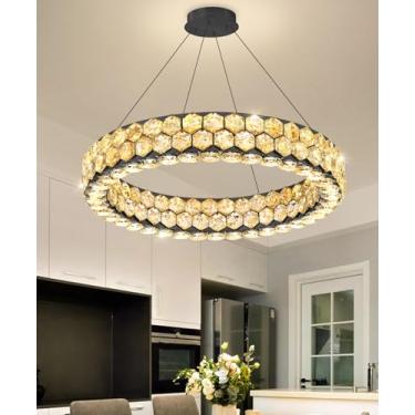 Imagem de Lustre de anel moderno, lustres de cristal para sala de jantar luminária de teto LED redonda para sala de estar quarto iluminação regulável com controle remoto preto