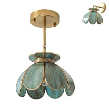 Imagem de Mini luminária de teto de latão semi-embutida montada na parede ou na parede de 2 vias, flor vintage para ilha de cozinha, sala de jantar, sala de estar, arandelas. Certificação UL, azul-verde misto