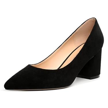 Imagem de SHOWFOREST Sapatos Femininos De Salto Médio, Bico Fino, Bloco Sólido, Slip-On, Camurça, 6,35 Cm, Preto, Tamanho 10 - Zapatos Bajitos