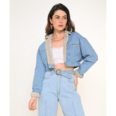Imagem de Jaqueta Feminina Jeans Cropped com Pelo Razon Jeans, G, Jeans claro