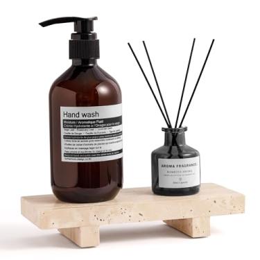 Imagem de WORHE Pedestal de bandeja de travertino pequena, decoração de banheiro de fazenda, suporte decorativo de pedra, suporte de saboneteira de cozinha para penteadeira, balcão, pia, bege (WH087)