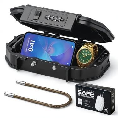 Imagem de Caixa de segurança portátil com trava de combinação de 4 dígitos, cofre de viagem à prova d'água com cabo de aço removível para dormitório, praia, casa, pequena caixa de segurança para objetos de