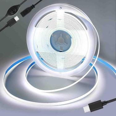 Imagem de Faixa de luz LED COB alimentada por USB tipo C, 1 m / 3,28 pés 5 V COB com função de regulação de memória, branco puro 6000K, 640 LEDs, fita de luz flexível para luz de fundo de monitor de TV, espelho