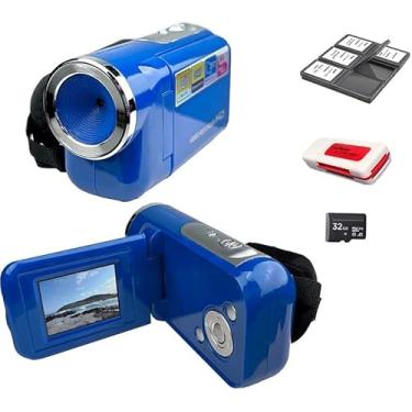Imagem de eDealz Filmadora digital compacta de 16 MP com vídeo HD e fotos – zoom de 16x, tela de 2,4 polegadas, cartão de 32 GB, capa de memória, leitor e cabo USB (kit azul)