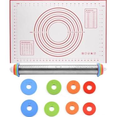 Imagem de Conjunto de rolo de massa e pastelaria de silicone, rolo de massa de aço inoxidável com anéis de espessura ajustável, para pizza, torta, pastelaria, macarrão, biscoitos (vermelho)