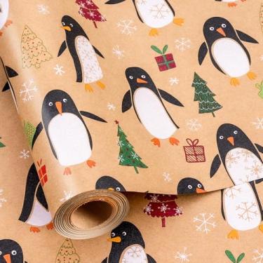 Imagem de MAYPLUSS Rolo de papel de embrulho de Natal - 43 cm x 85 m - Papel de embrulho Kraft com linda árvore de Natal pinguim, floco de neve, linhas de corte reversíveis para crianças, férias, ano novo