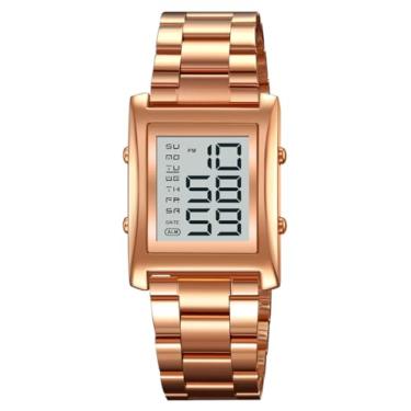 Imagem de Relógios masculinos modernos multifunções para esportes ao ar livre relógio EL Light grande display digital cronógrafo aço inoxidável relógios retangulares, Ouro rosa, Esportes ao ar livre