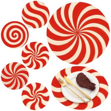 Imagem de Qilery 60 peças de jogo americano descartáveis de doces de Natal 30,5 cm, retrô, vermelho, branco, doces, papel redondo, tapetes de mesa, bengalas para festas de Natal, decoração de casa, mesa de