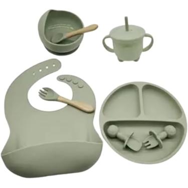 Imagem de Kit Introdução Alimentar Bebê 8 Peças em Silicone – Colher, Garfo, Copinho, Pratinho e Pote – Atóxico, Antibacteriano, Livre de BPA – Seguro Para Crianças a Partir de 6 Meses (Verde)