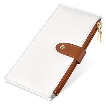 Imagem de Travelambo Carteira feminina RFID, tamanho grande, dobrável, multicartões, com zíper, porta-cartões de crédito, Marrom e bege, 8 inches