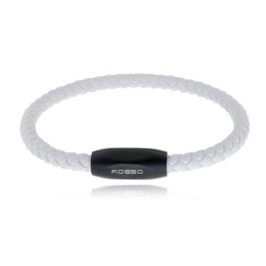 Imagem de Bracelete Aço 20Cm Couro Branco 5Mm Trançado Fecho Black