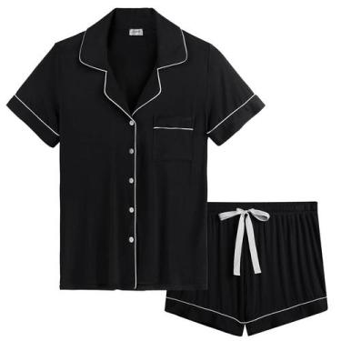 Imagem de Conjunto de pijamas Cherrydew Bamboo Viscose Button Down preto GG femi