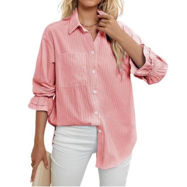 Imagem de Camisa feminina WHO IN SHOP listrada com botões vermelha e branca L