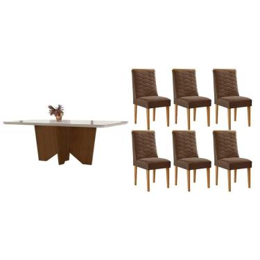 Imagem de Conjunto Sala de Jantar Nevada c/ Tampo Madeirado c/ Vidro Canto Curvo 180x90cm e 6 Cadeiras Maldivas Madeira Maciça Naturale/Off White - Capuccino/Su