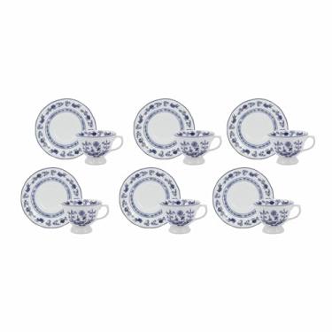 Imagem de Estojo com 6 Xícaras de de Chá com Pires com Pé. Modelo Redondo com Relevo Pomerode. Decoração Cebolinha. Fabricado pela Porcelana Schmidt.