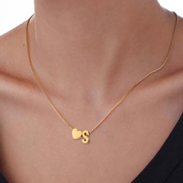 Imagem de Colar feminino com inicial de coração, pingente de letra A a Z, corrente de aço inoxidável banhada a ouro, joia minimalista para presente, 18+2in, Aço inoxidável, Sem Pedra Preciosa