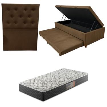 Imagem de Cama Box Baú Solteiro com Auxiliar (Bicama) + Colchão de Espuma D33 20cm | Kit Completo com Cabeceira Botonê Opcional | Diversas Cores (3, SUEDE MARROM, COM CABECEIRA)