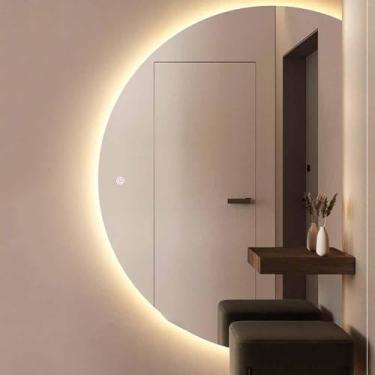 Imagem de Espelho De Banheiro Com Iluminação De Fundo E 3 Luzes Coloridas, Espelho De Vaidade Led Antiembaçante E Regulável, Meia-lua, Sem Moldura, Espelho De Parede 33 * 47 Pol, Right Cut, 84 * 120cm