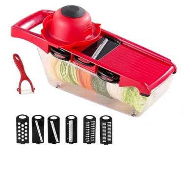 Imagem de Fatiador de Legumes Profissional, Aço Inoxidável, Manual por Alavanca, Base com Grade Quadriculada, 40x25x25cm, Ideal para Cortar Batatas em Palito, 6 Lâminas Intercambiáveis