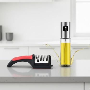 Imagem de Conjunto Premium de Borrifador de Azeite em Vidro com Bomba de Aço Inoxidável e Amolador de Faca Profissional.